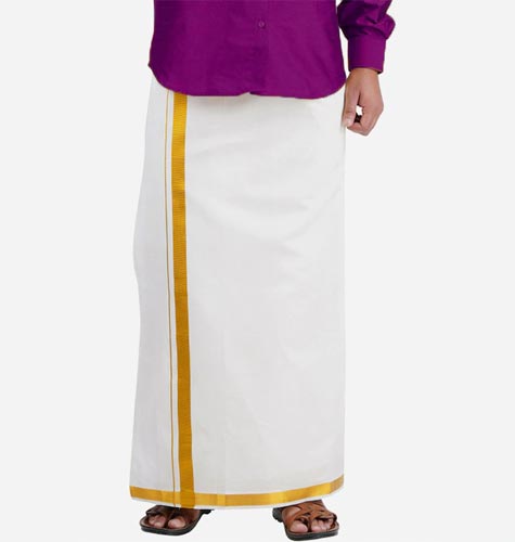 Men White & Gold-Coloured Solid Pure Cotton Dhoti